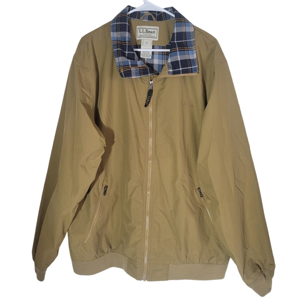 LL Bean Men's Flannel Lined Warm Up Jacket Mens XL Tall Tan Plaid Outdoor Preppy